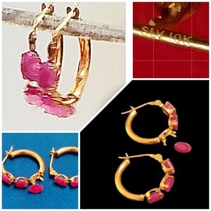 Elegant 10K Gold and Pink Natural Ruby Stones Hoop Earrings